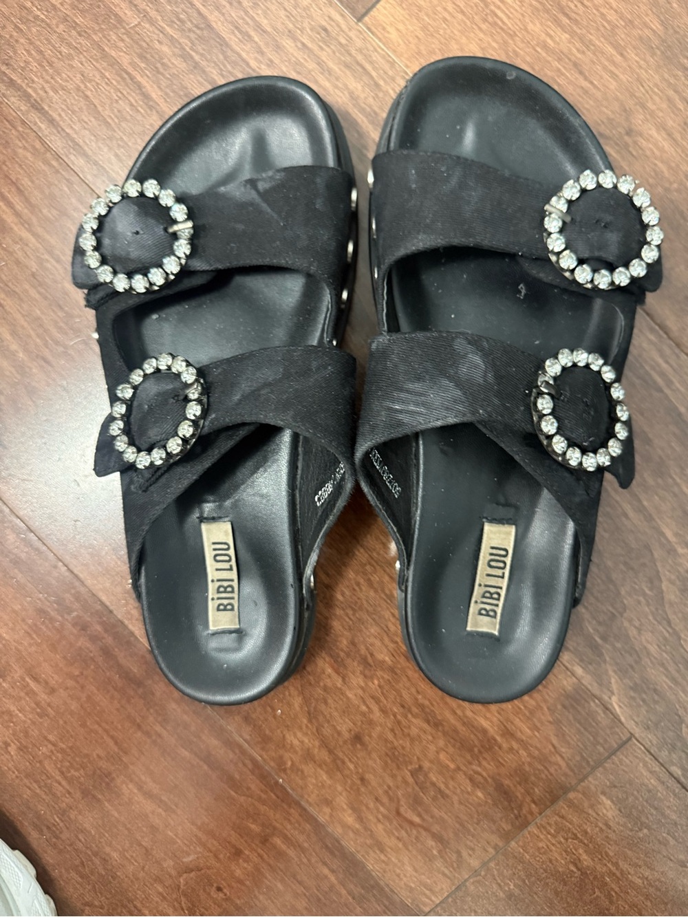 BIBI LOU Black Crystal Buckle Slide Sandals